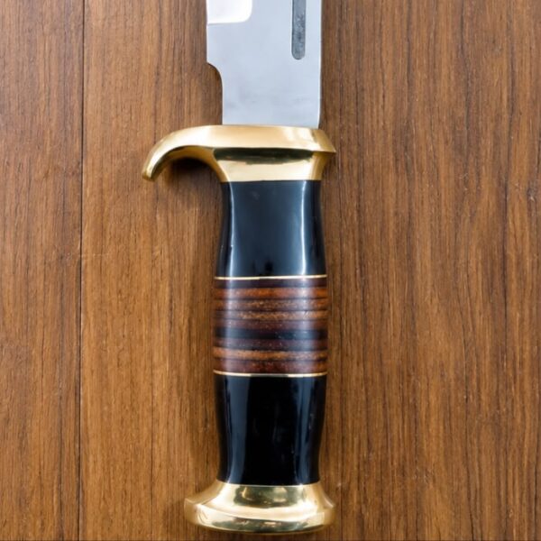 HUNTING KNIFE J2 steel blade, buffalo horn handle with leather and brass spacer & bolster