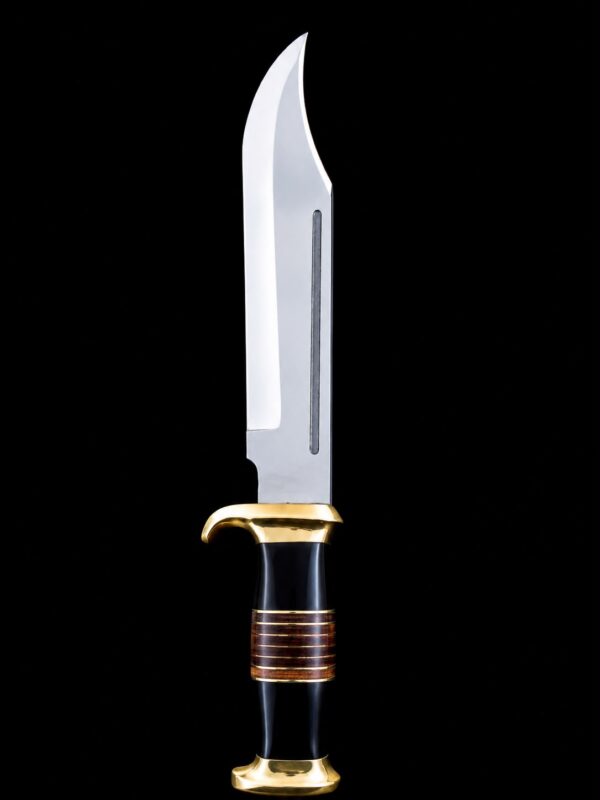 HUNTING KNIFE J2 steel blade, buffalo horn handle with leather and brass spacer & bolster